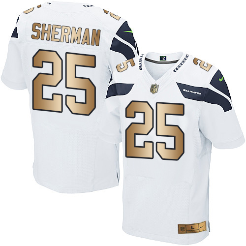 Nike Seahawks #25 Richard Sherman White Men's Stitched NFL Elite Gold Jersey - Click Image to Close
